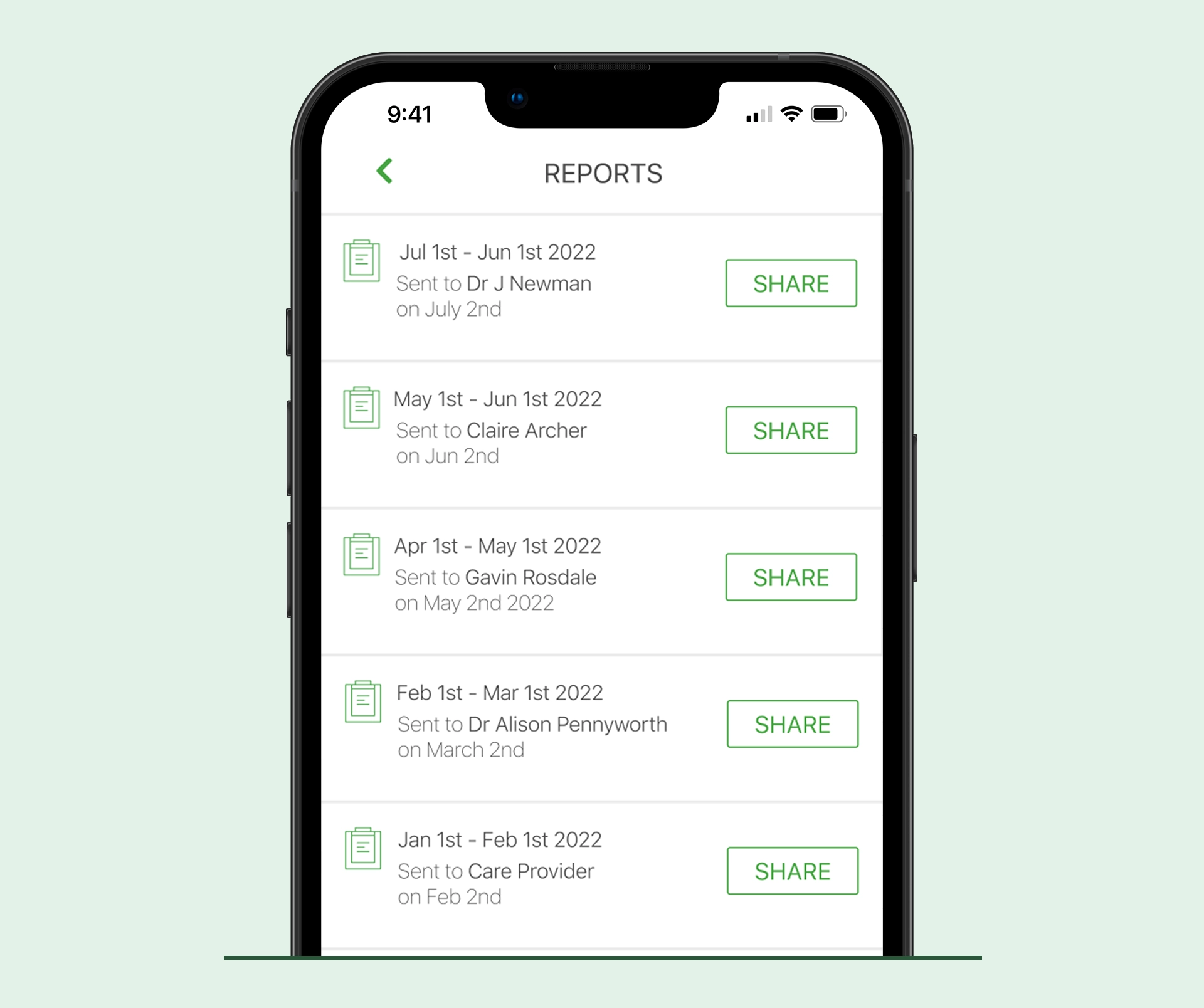 iOS montrant l'écran des rapports de l'application Qardio